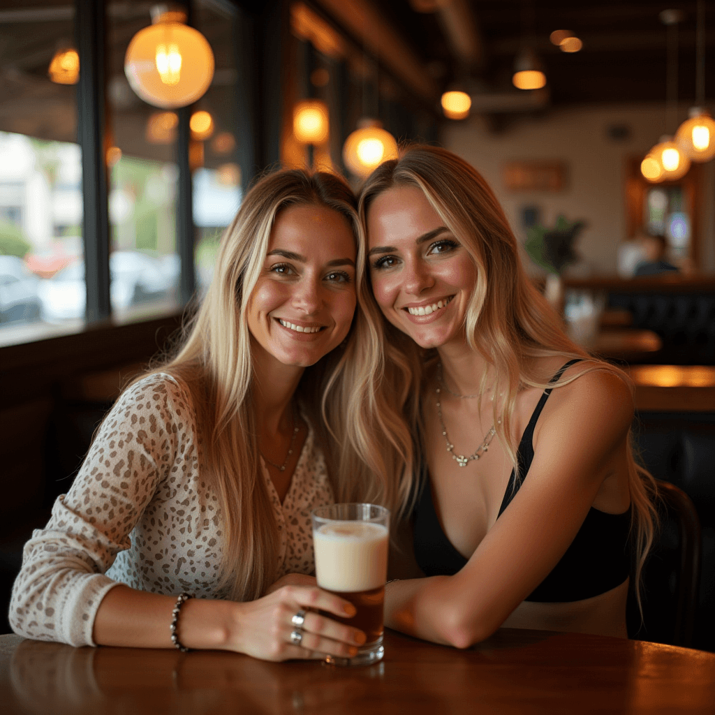 Two women with long hair are smiling while sitting at a cafe table, one holding a drink.