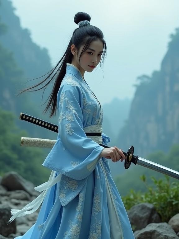 Young female warrior standing in a misty mountain forest at dawn wearing traditional Chinese hanfu in pale blue with white floral embroidery. Hair in a high bun with loose strands. Holding a traditional Japanese katana with a curved blade. Black tsuka with white tsuka-ito. Circular tsuba with floral engravings. Surrounded by rocky terrain and lush greenery. Soft natural light. Cinematic and highly detailed composition.