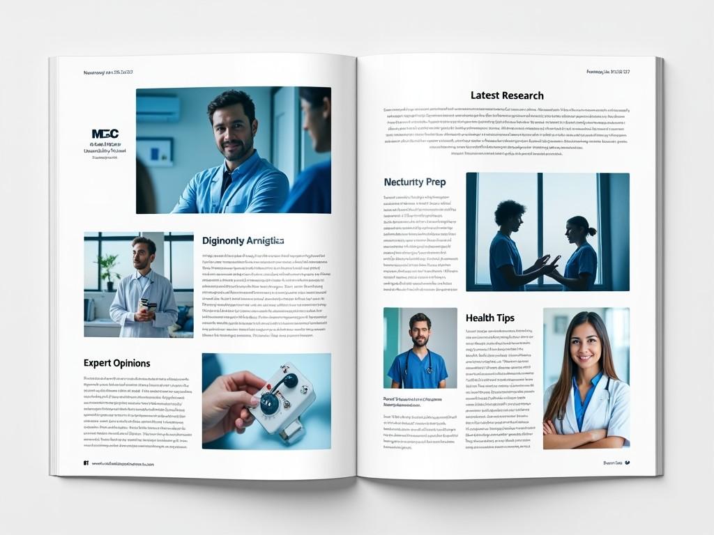 The image features an open magazine spread. One page presents 'Dignity Amigitas' with a high-quality photo of a medical professional. The other page contains sections such as 'Latest Research', 'Necturity Prep', and 'Health Tips', featuring images of healthcare settings and people. The magazine layout is professional and clean, catering to a medical audience. Text content discusses expert opinions and health-related topics.