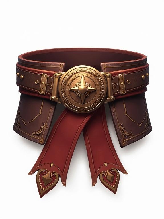 Master belt designed for a game with realistic style. Features an ornate buckle and, red and brown materials. No background, transparent.