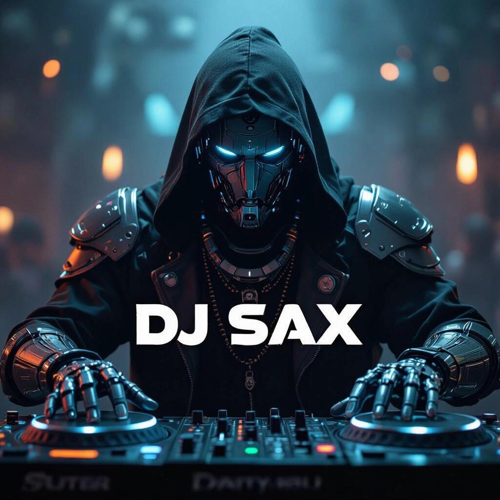 Close up image of a dark cyborg wizard DJ at turntables. The DJ wears a hooded coat decorated with metallic details. The text 'DJ SAX' is prominently displayed. The setting is vibrant with electronic music vibes.