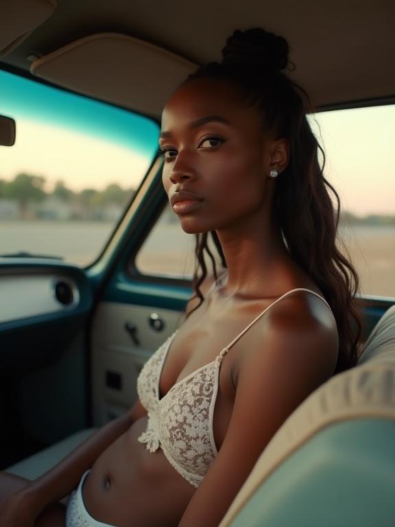 Young adult African woman inside a car. Exquisite beauty, wired white swimsuit with delicate flower pattern. Cinematic lighting with morning haze. Captured in hyper-detail. Wide angle shot to include full body and car interior. Artistic and visually striking.