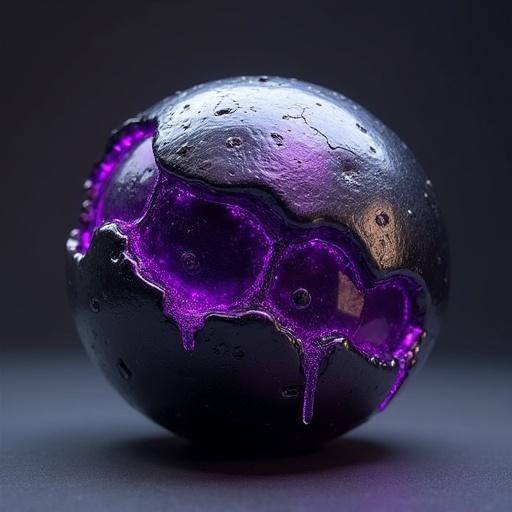 Sphere-shaped object with dark metallic surface. Bright glowing purple accents flow across surface. Uneven texture created by purple drips. Reflective quality showcases highlights and shadows. Slightly organic feel with protrusions and indentations.