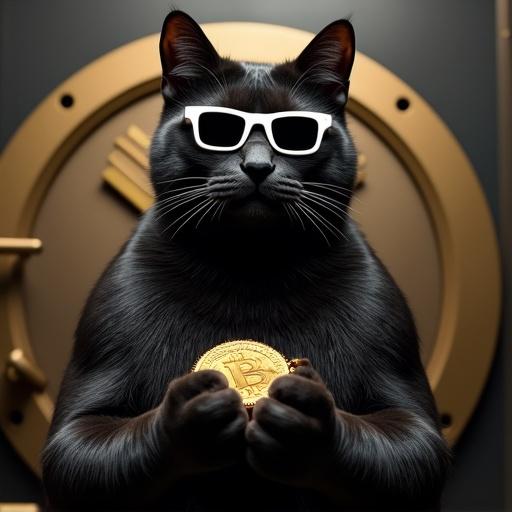 Meme coin theme featuring a muscular black cat with a serious expression. Cat wears white shades and holds a gold coin. Background shows a bank vault.