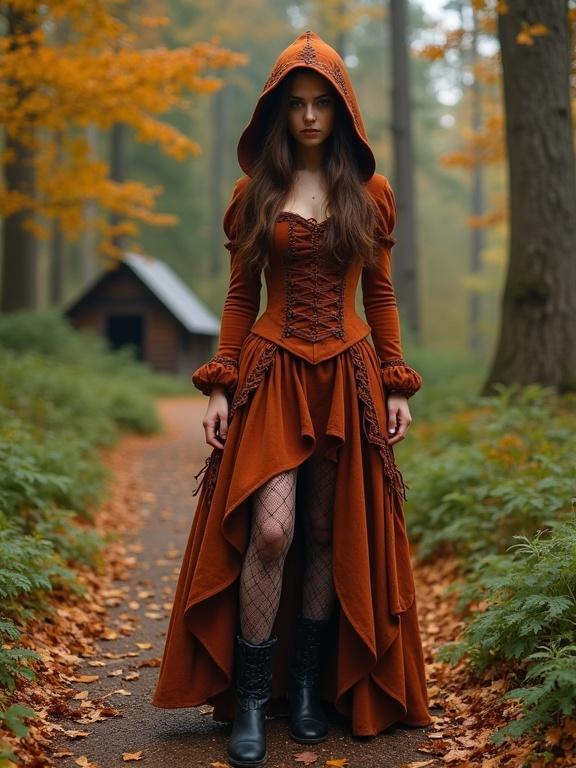 A woman stands confidently on a forest path. She wears a beautiful rust-colored Victorian-era-inspired dress with a high collar and tiered skirt. The dress has a large hood with intricate embroidery. Long brown hair flows down. Dark high-booted leather shoes and sheer patterned tights complete the look. The forest is adorned with autumn leaves and lush greenery. A small wooden cabin is visible in the distance. The scene has a hyperrealistic and enchanting feel.
