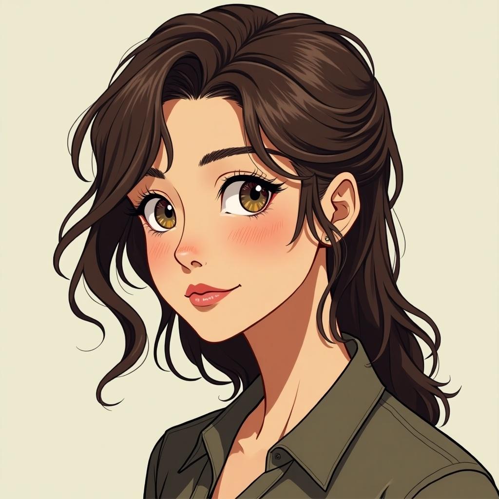 Create an image of a female character in manhwa style. She has medium to dark brown hair and hazel eyes. The character portrays a friendly expression with accurate proportions.