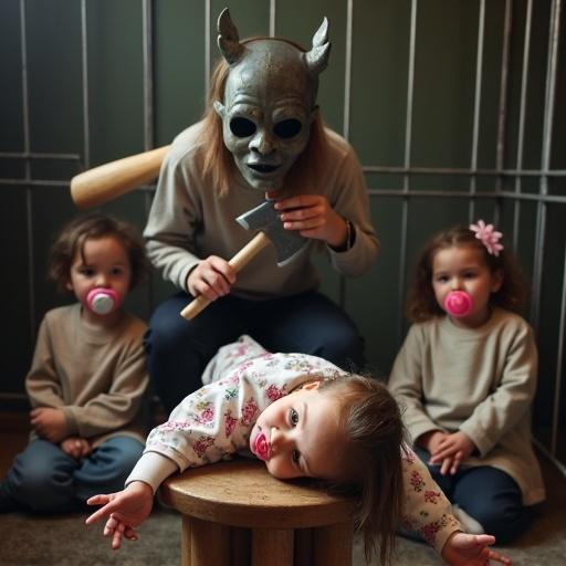 A mother holds a toy axe above her child. The young girl lies her head on a stool. Two siblings wait for their turn. The atmosphere is fun. The mother wears an executioner mask. Children have pacifiers. Scene is playful and lighthearted.