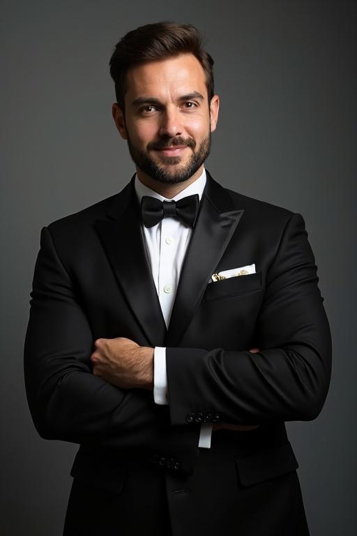 A classic corporate portrait of a man. The man wears a stylish dark suit and a pocket square. The pose shows confidence and professionalism. Suitable for headshots or fashion modeling.