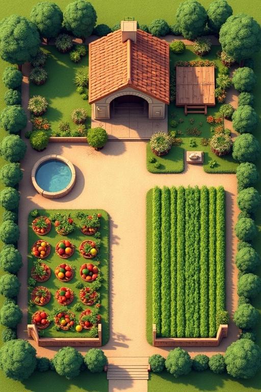 Layout of a 1 hectare farm featuring a flower pergola, open fireplace, jojo tank, segregated fruit and vegetable fields, decorative entrance trees.