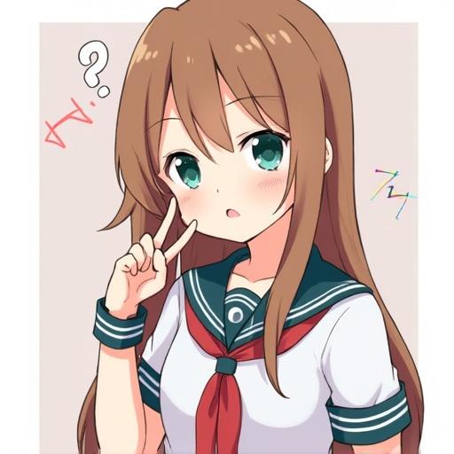 Illustration of a schoolgirl character in a student uniform with long brown hair and green eyes. The character displays a cute expression and gestures playfully. The scene has a soft pastel background.