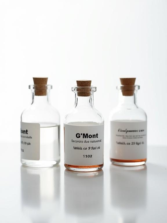 Hyper-realistic photograph of three amber droppers labeled G'Mont, Secretos de la naturaleza, nude/white. Close-up on a reflective white surface. In the background: stoppered volumetric flask, Erlenmeyer flask, beaker with glass rod, glass petri plates. Bright uniform lighting, white background. Sharp reflections. Focus on readable labels. Palette: amber, white, silver, transparent. Clean, precise laboratory style.