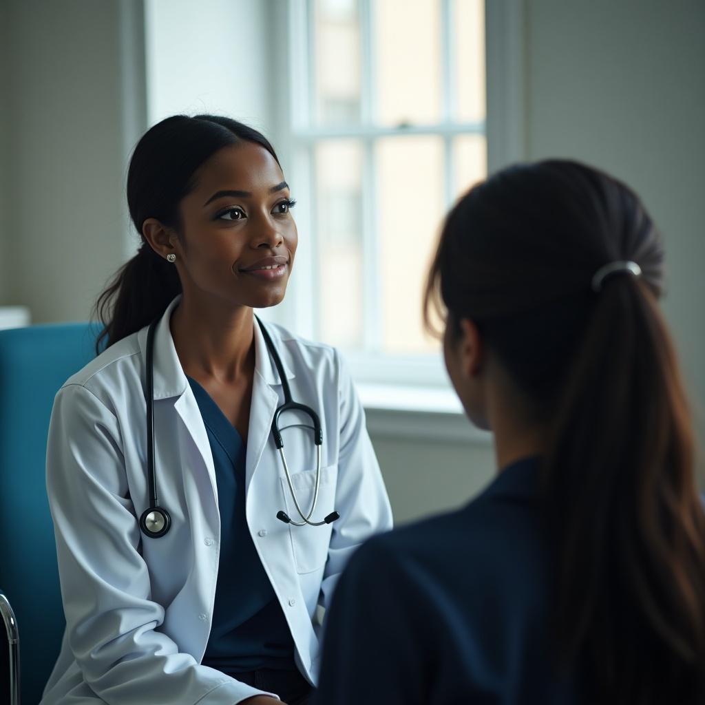 In a contemporary exam room, a black female doctor engages in a friendly conversation with a patient. The doctor is dressed in a white coat and wears a stethoscope, symbolizing her professional role. Soft natural light filters through a window, creating a warm and inviting atmosphere. The room feels calm, encouraging open dialogue about health concerns. A shadowy figure subtly represents the influence of artificial intelligence in the healthcare setting, suggesting technological advancements alongside human care.