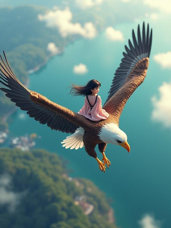 A girl elegantly rides a giant eagle soaring above the Japanese archipelago. Scenic view captures the beauty from Hokkaido to Kyushu. Visuals emphasize vast landscapes and natural wonder.