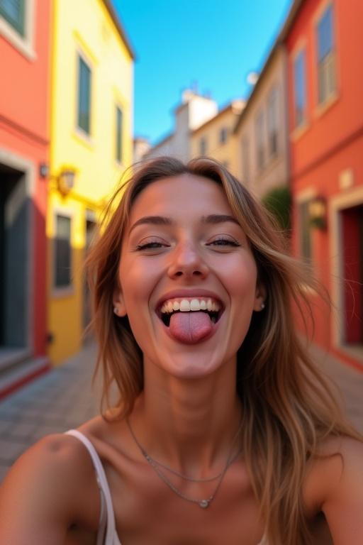 Woman with playful expression sticking her tongue out. Colorful buildings in the background. Bright and vibrant atmosphere. Close-up perspective.