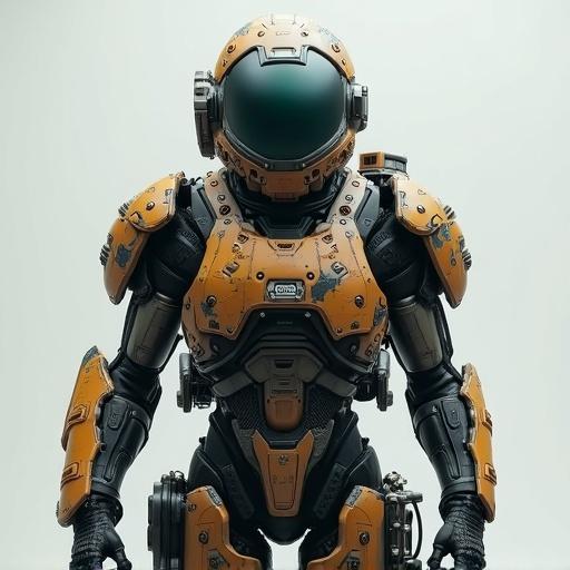 A post-apocalyptic cyborg survivor stands confidently in a T-pose. The character is highly detailed and presented in 4k resolution. It has rugged equipment and wears a reflective helmet. Ideal for a game character concept.