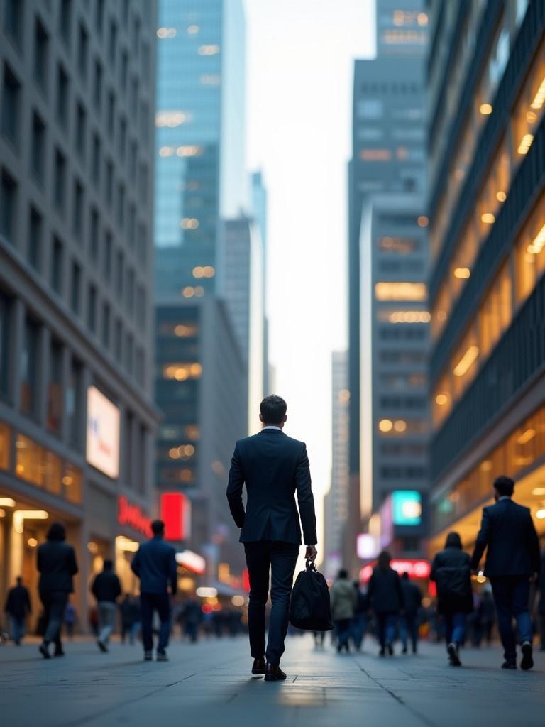 An entrepreneur walks through a business center. Tall buildings surround the area. People pass by in motion. Busy streets are filled with activity.