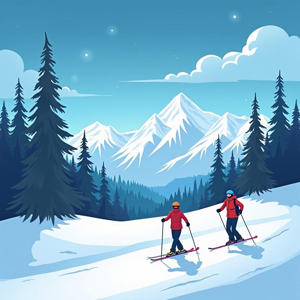 Illustration depicts a snowy mountain landscape with two skiers. Tall pine trees adorn the scene. Clear night sky with a starry backdrop and majestic snow-capped mountains in the background.