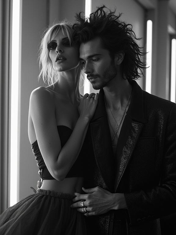 Black and white fashion photography of a couple at a gala. The female model has a edgy hairstyle and sunglasses. The male model has a defined look and tousled hair. They are embracing with a strong emotional connection. The environment has modern lighting features. Styled by notable fashion designers.