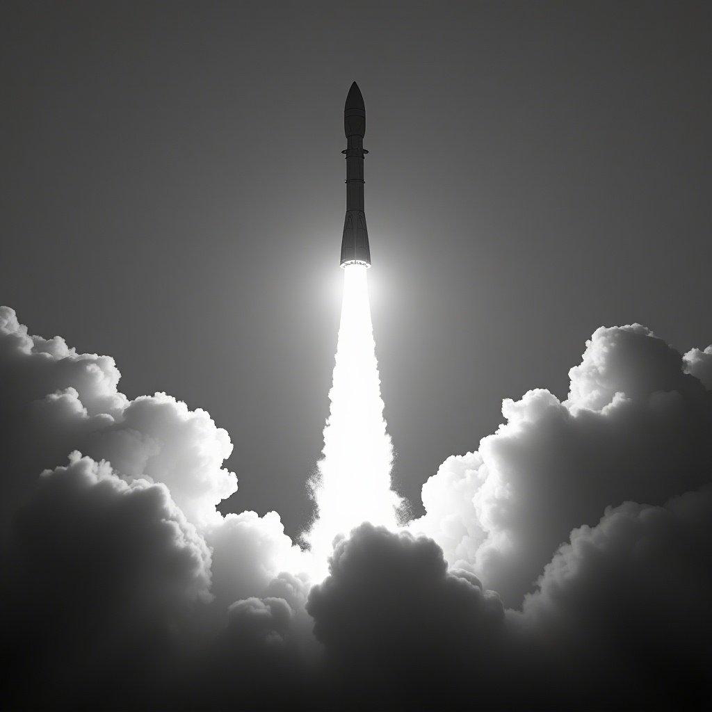 Monochrome image shows a rocket launching through clouds. The rocket is the main focus of the image. Smoke is present around the rocket. The image captures a sense of motion and energy during ascent.