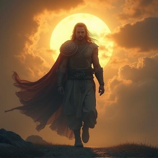 A powerful warrior walks confidently. A faint glow surrounds him. The sun shines through monsoon clouds. The sky behind is slightly dark. Golden light radiates from behind him.