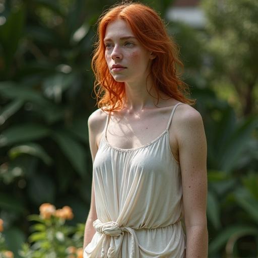 Pale skinny freckled natural red-haired woman in a tank top posing like an ancient Greek statue. Full body visible. Surrounded by greenery in a garden.