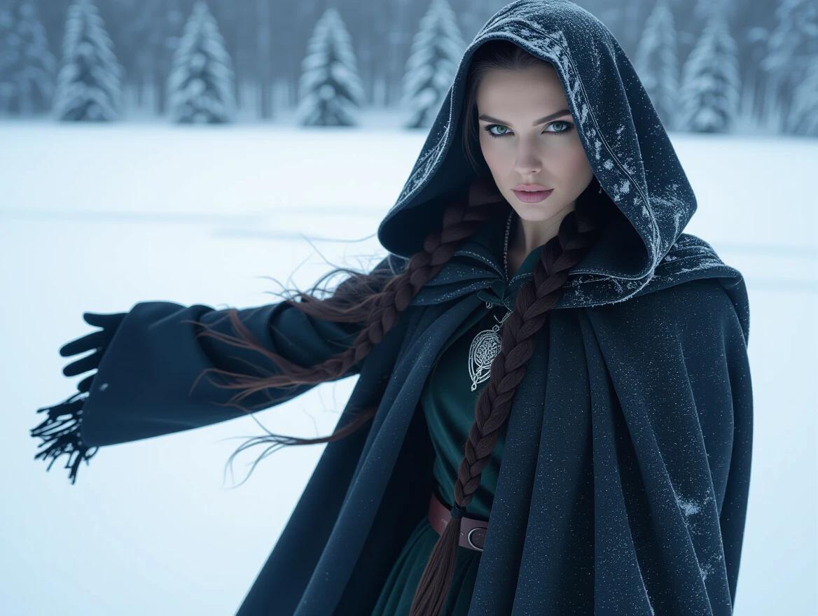 A powerful figure stands at the frozen lake. Dressed in a dark cloak. Pale calm face with high cheekbones. Long dark braided hair under hood. Frost dusting on garment. Snowflakes suspended in air. No smile present. Stillness dominates. She holds a sickle. Haunting atmosphere.