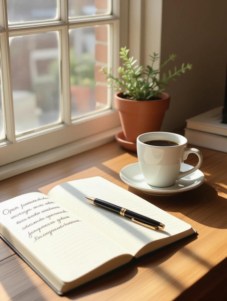 An open journal on a wooden desk displays handwritten thoughts. A green plant and cup of coffee accompany the journal. Sunlight brightens the space creating a peaceful atmosphere. Ideal for reflecting and being present.