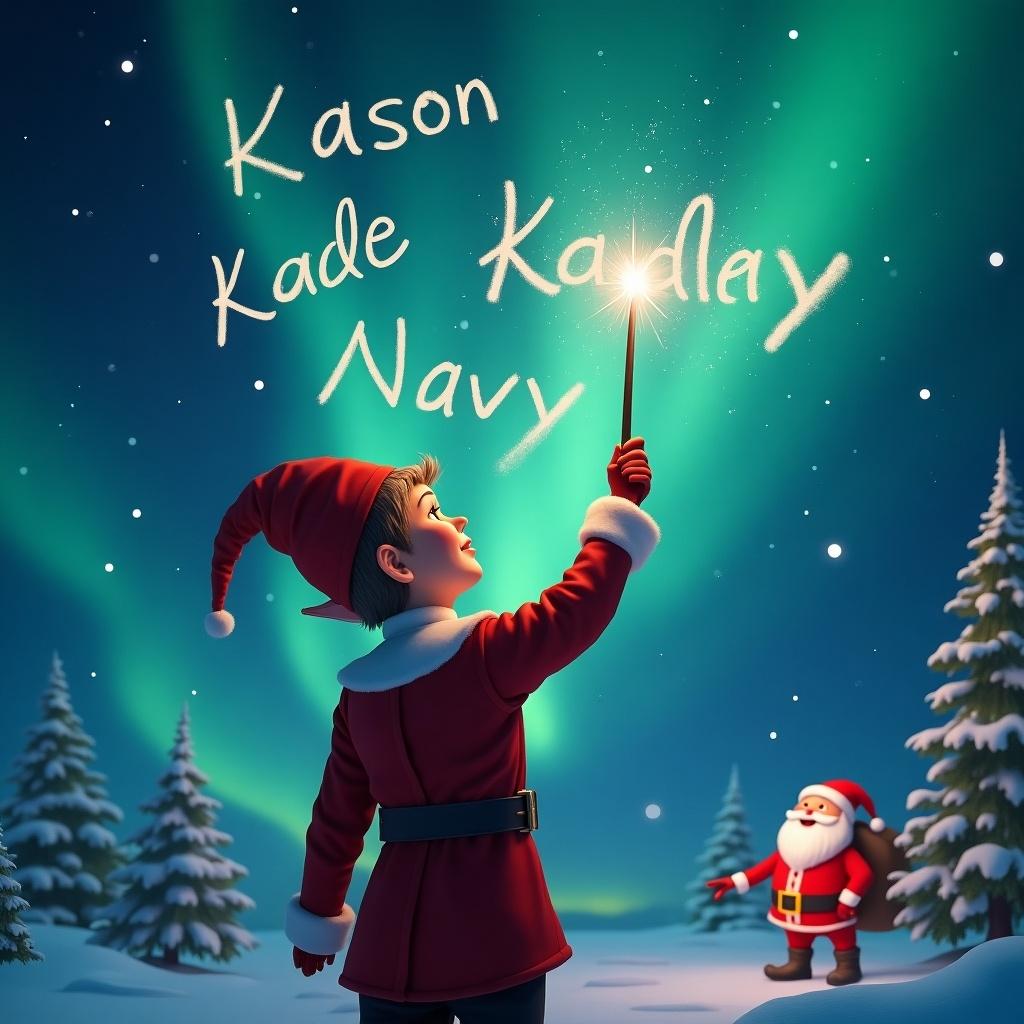 Elf with back to image facing magical sky. Using wand to write names in the air. Background features northern lights and Santa. Names being written are 'Kason', 'Kade', 'Navy'.