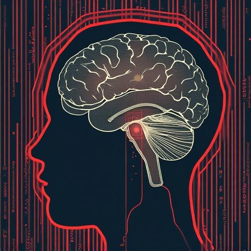 Create a modern retro style image for a brain machine interference talk session. Focus on a brain and human profile silhouette. Use minimalistic design with a creative twist.