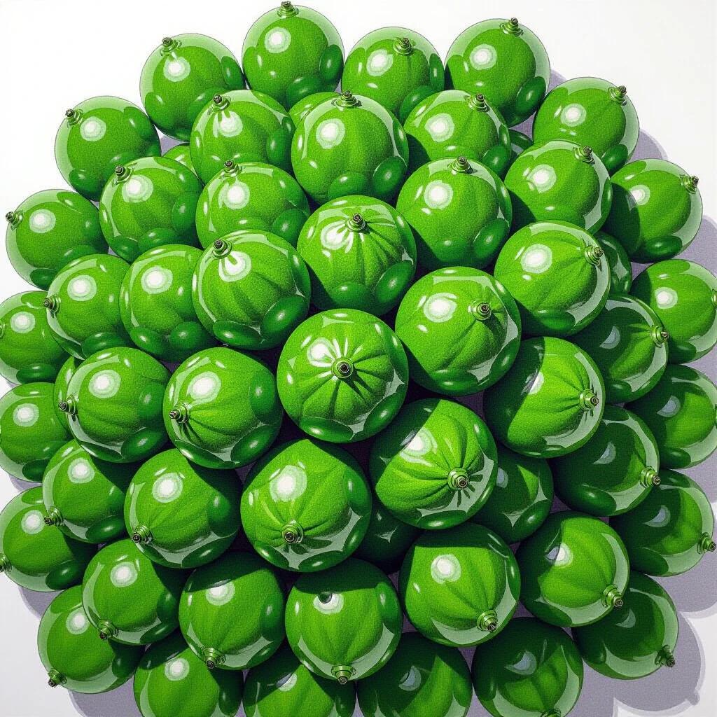 Drawing of a pile of reflective green objects. Top-down view of clustered shiny green shapes. Bright and vibrant color.