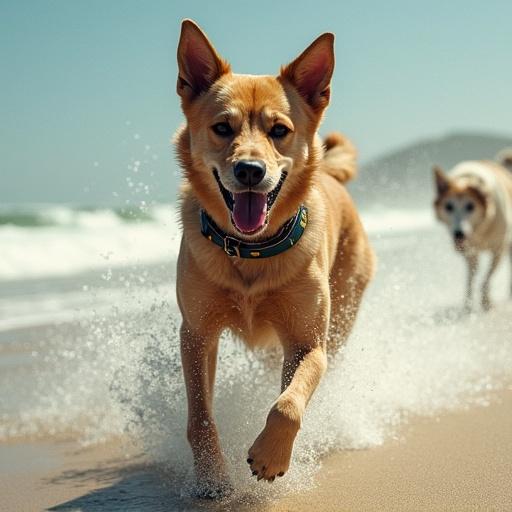 Dog running on a beach with joyful expression. Sandy background and natural lighting. Dog in motion with splashes of water. Another dog in the background.