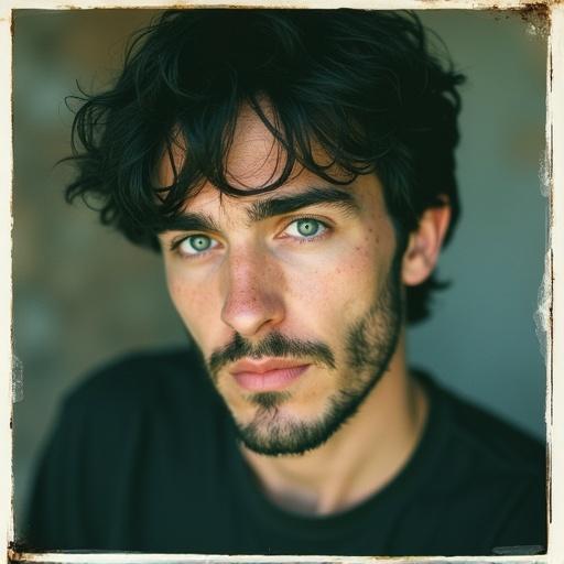 Medium quality Polaroid photo of a man with wavy black hair and a goofy beard. He has dark blue eyes and pale skin with freckles. Captured candidly with interesting lighting. 1990s aesthetics visible in casual clothing.