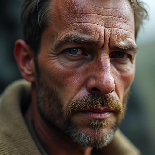 Photorealistic human texture suitable for video games. Close-up of a man's face with detailed beard and facial features. Uses natural light for realism.