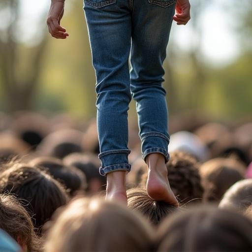 Barefoot girl wearing jeans walking on heads of classmates laying down