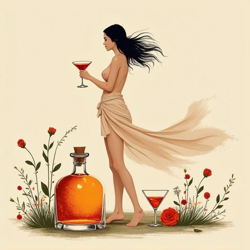 Minimalist screen printing artwork shows a woman holding a cocktail glass. She wears a flowing sarong. An apothecary bottle with shimmering elixir is nearby. Two cocktail glasses flank the bottle. Background is beige. Mood is mysterious and elegant. Bold strokes create a clean composition.
