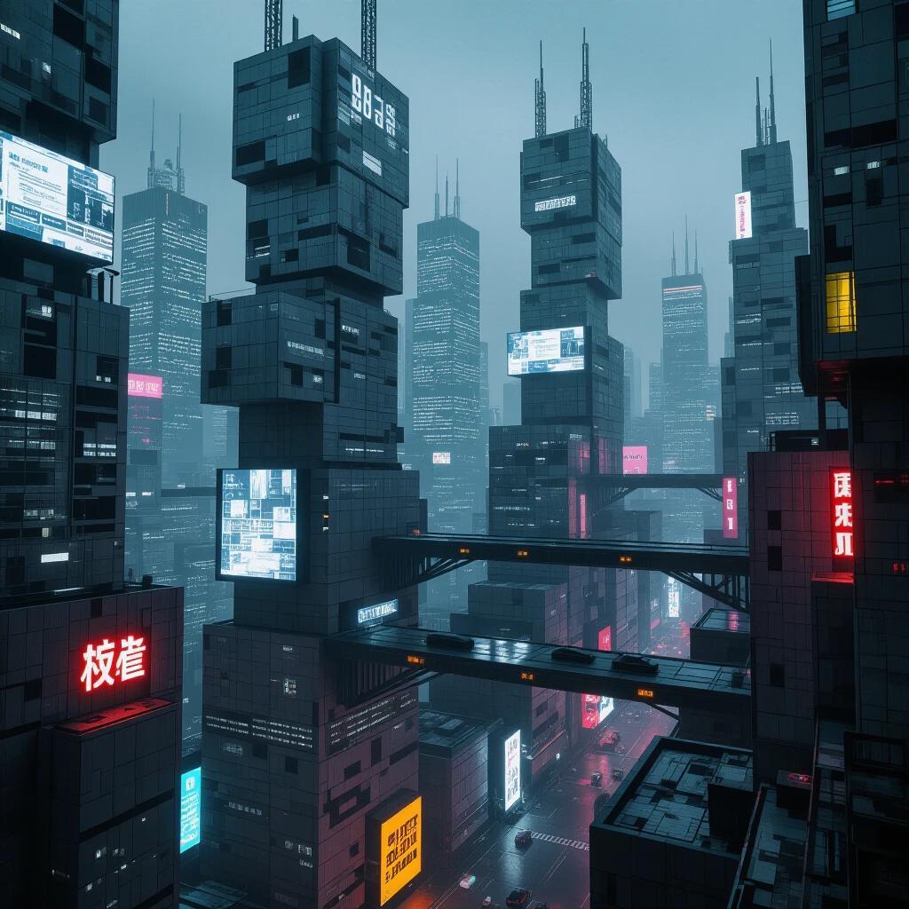 A dystopian cyberpunk cityscape. Grey textures resemble cardboard and wood. Brutalist buildings have basic expressionist geometric shapes. Megalithic skyscrapers with silver windows. Glass panels gleam at night. Hyperrealistic detail.