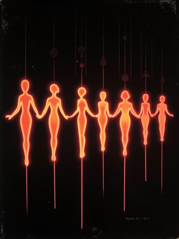 Futuristic glowing forms arranged in a line. Classic 1940s isotype infographic style. Series of erotic shapes.
