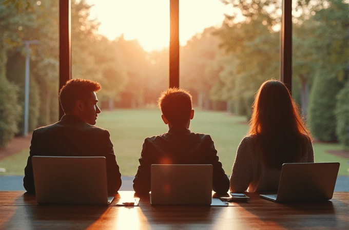 Three people sit by a large window with laptops, gazing at the sunset over a lush, green garden.