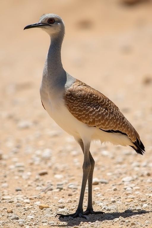 Bird standing on sandy desert ground. Houbara bustard with light brown feathers, white spots, and pure white underbelly. Long gray neck with a small head and large eyes. Long slender legs. Strong sunlight casting shadow. Minimal background with pebbled ground.