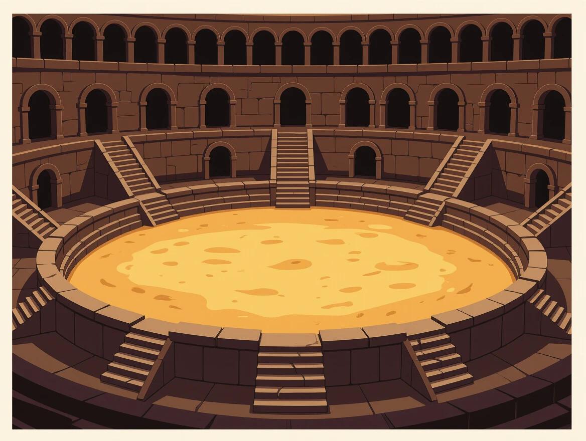 A widescreen background depicting a dark gladiator arena. The sandy fighting pit is in the foreground, surrounded by stone steps and dark arched doorways. The style is 2D web animation with simple textures.