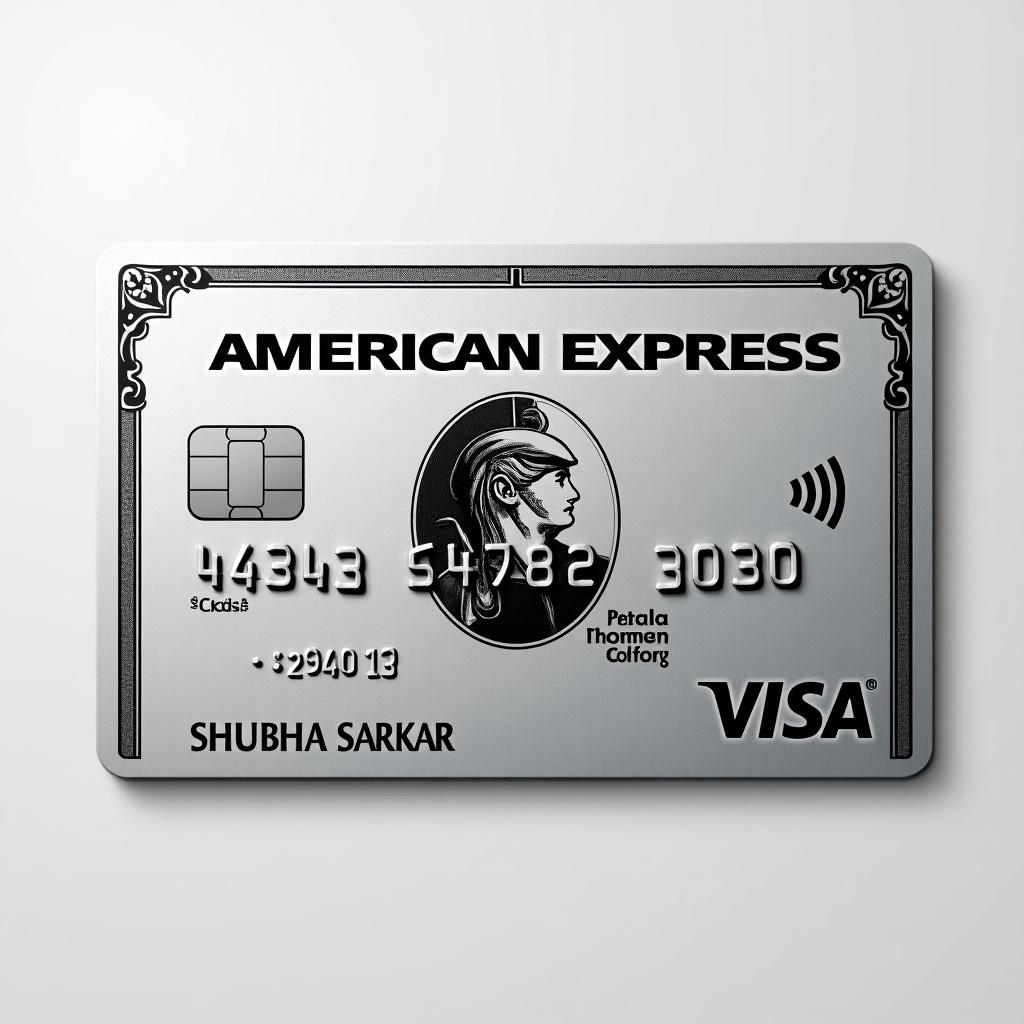 Realistic image of a platinum credit card. Visa logo displayed. Cardholder name is SHUBHA SARKAR. Expiry date March 2030. Silver background with black font.