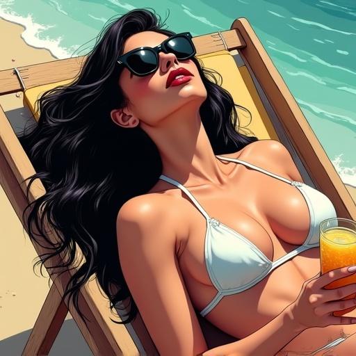 A woman with dark hair lies on a lounge chair at the beach. She sunbathes wearing a white trikini and dark sunglasses. She holds an orange juice drink. Style is comic noir with bold inking. Dramatic lighting and strong shadows create a cinematic atmosphere.