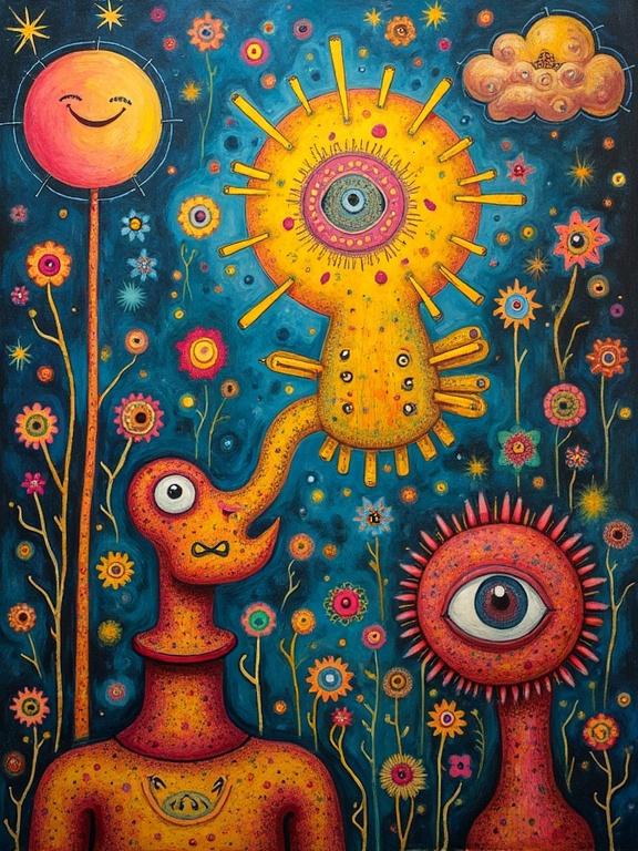 Colorful abstract art piece featuring playful characters and flowers.