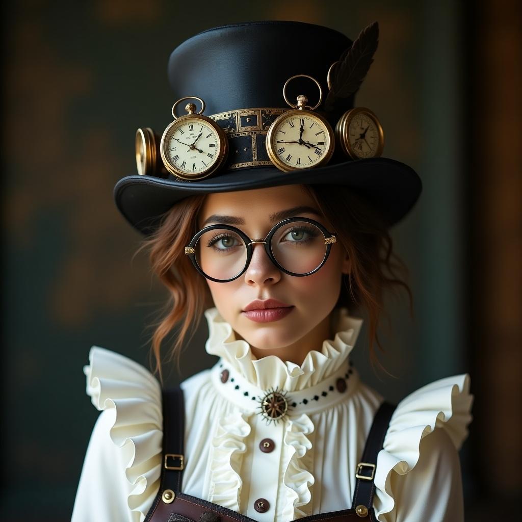 A woman wears a steampunk top hat decorated with clocks significant to the steampunk style. She has a ruffled white shirt and miner's glasses. The outfit showcases a blend of vintage and fantasy aesthetics.