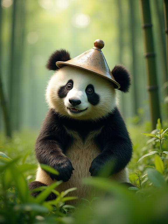 Smiling panda wearing a reverse colander in bamboo forest. Grassland style, atmospheric perspective, natural greens. Plush texture.