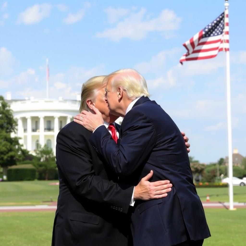 Two identical men in suits share a kiss on the lawn of the White House.