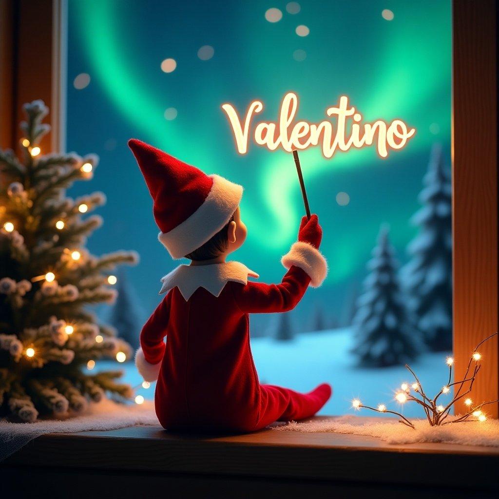 This enchanting Christmas scene depicts an elf on the shelf. The elf, dressed in vibrant red and white, faces the sky, creating a sense of wonder. With a magic wand in hand, the elf writes 'Valentino' in glowing script above. The background is filled with stunning northern lights, enhancing the festive atmosphere. This whimsical scene embodies the joy of the holiday season, captivating viewers with its magical elements.