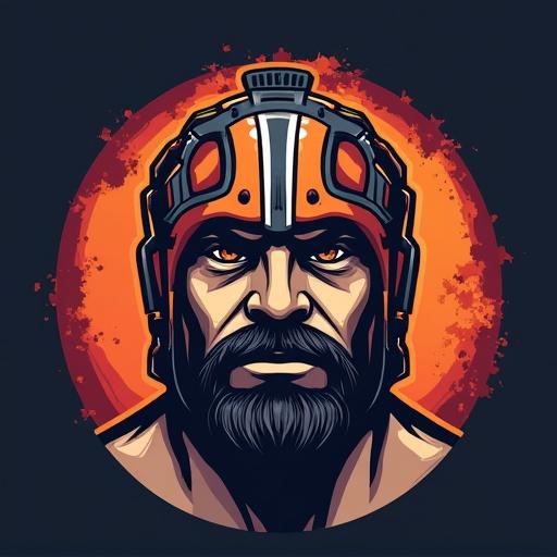 Logo of wrestling headgear featuring a muscular wrestler's face with an intense expression. Dominant colors orange and black enhance the fierce look. Circular background adds depth.