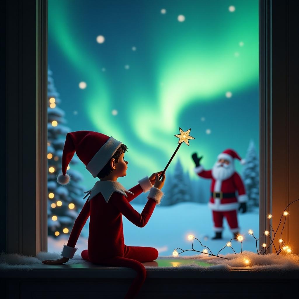 An elf on the shelf is sitting by a window, faced away from the viewer. He is gazing at the night sky and using a wand to write the name 'Stanley' among the magical northern lights. In the background, Santa Claus appears cheerfully, adding to the festive atmosphere. The scene is illuminated with soft glowing lights and a snowy landscape, creating a warm and enchanting Christmas vibe. This illustration captures the wonder of holiday traditions and childhood fantasies.