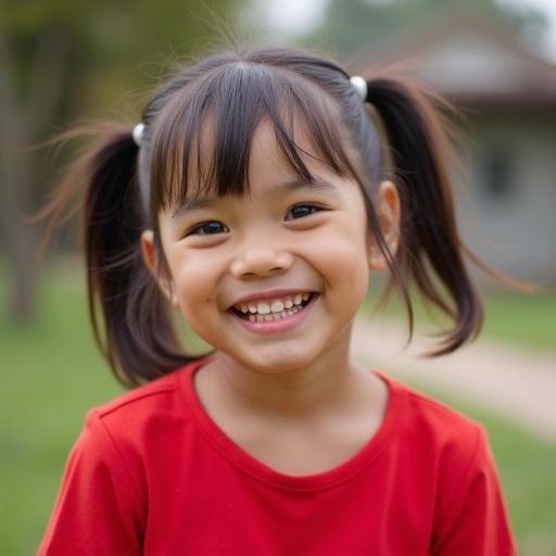 Cute Asian girl is wearing a red shirt and smiling brightly against a blurred outdoor background
